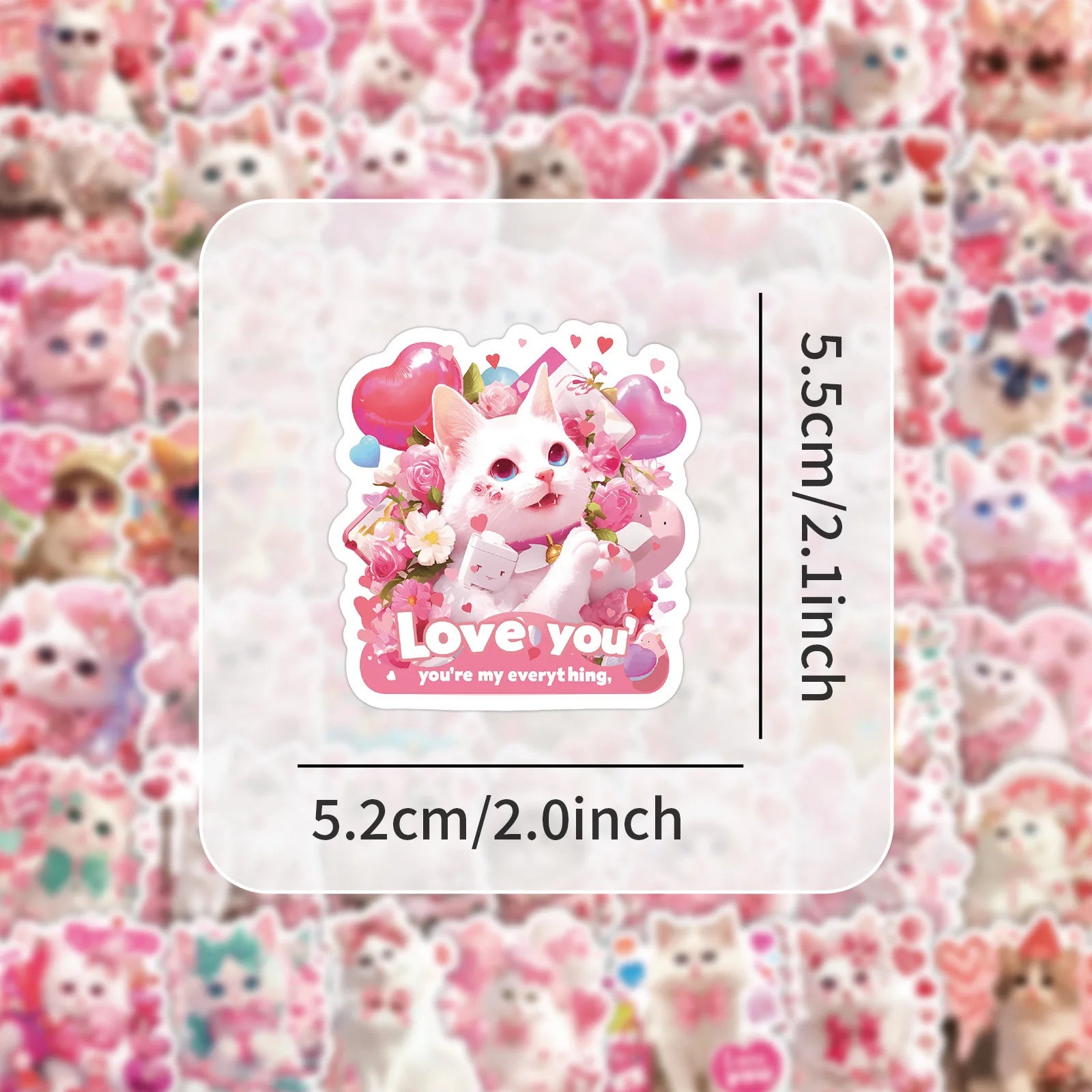 50-Pack Pink Valentine's Day Cat Doodle Stickers Waterproof Cute Decorations for Water Bottle Guitars Mobile Tablet Luggage