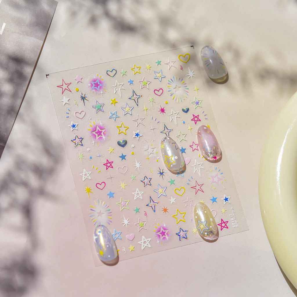 5D Relief Nail Stickers Sweet Starlight Nail Accessory Stickers Colorful Irregular Star Nail Decals Adhesive Nail Art Stickers