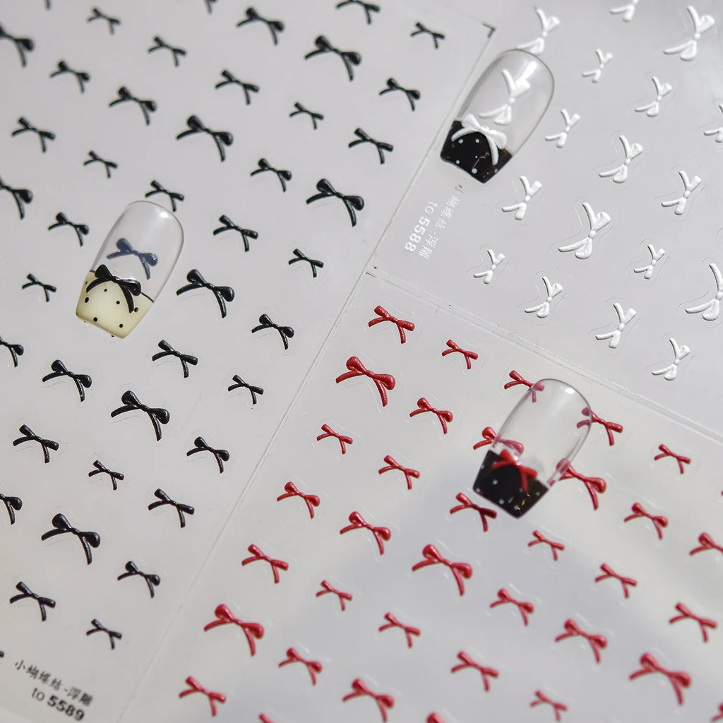 Exqusitive Mini Bows Nail Stickers 5D Reliefs Nail Art Stickers White Black Red Bowtie Nail 3D Decorations Adhesive Decals DIY