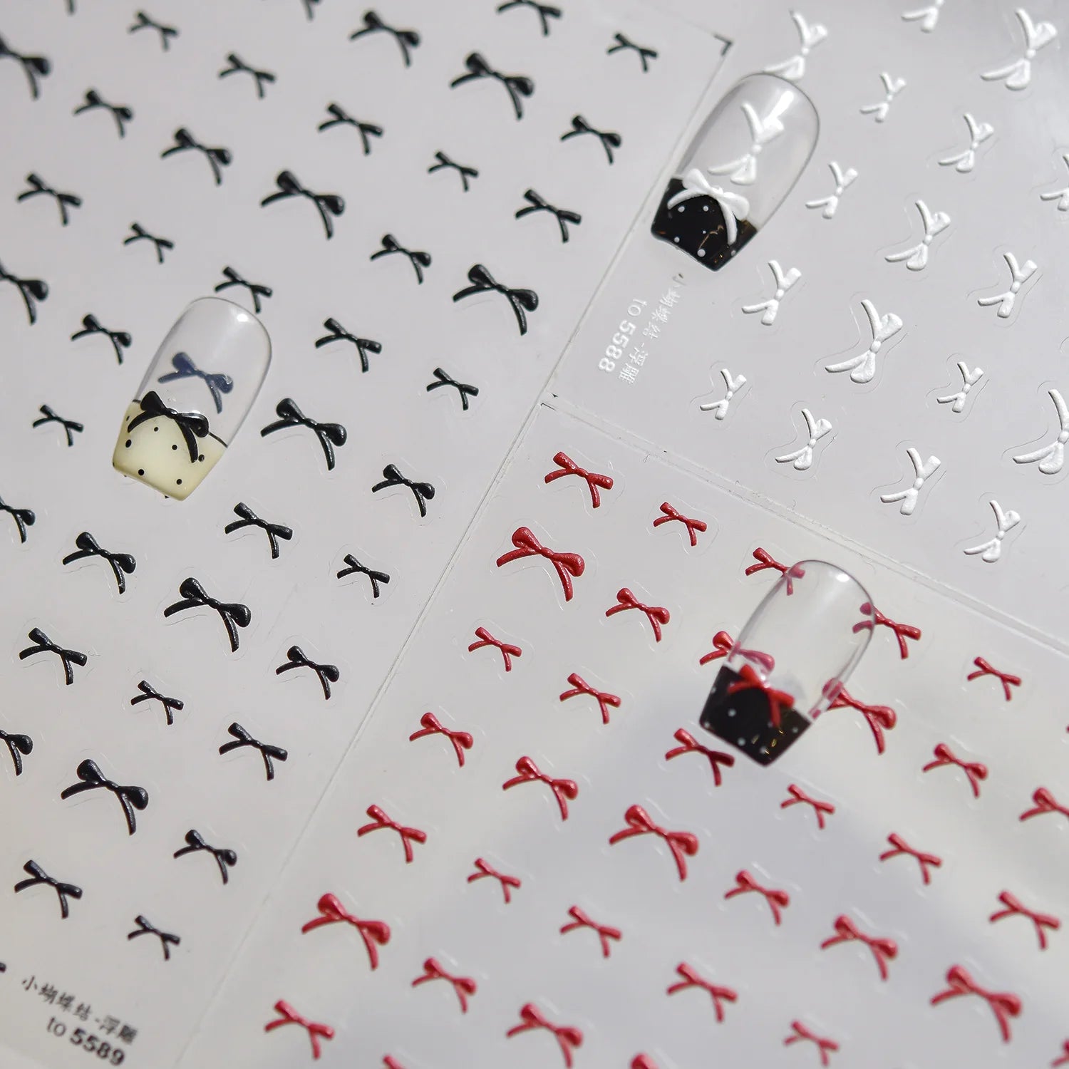 Exqusitive Mini Bows Nail Stickers 5D Reliefs Nail Art Stickers White Black Red Bowtie Nail 3D Decorations Adhesive Decals DIY