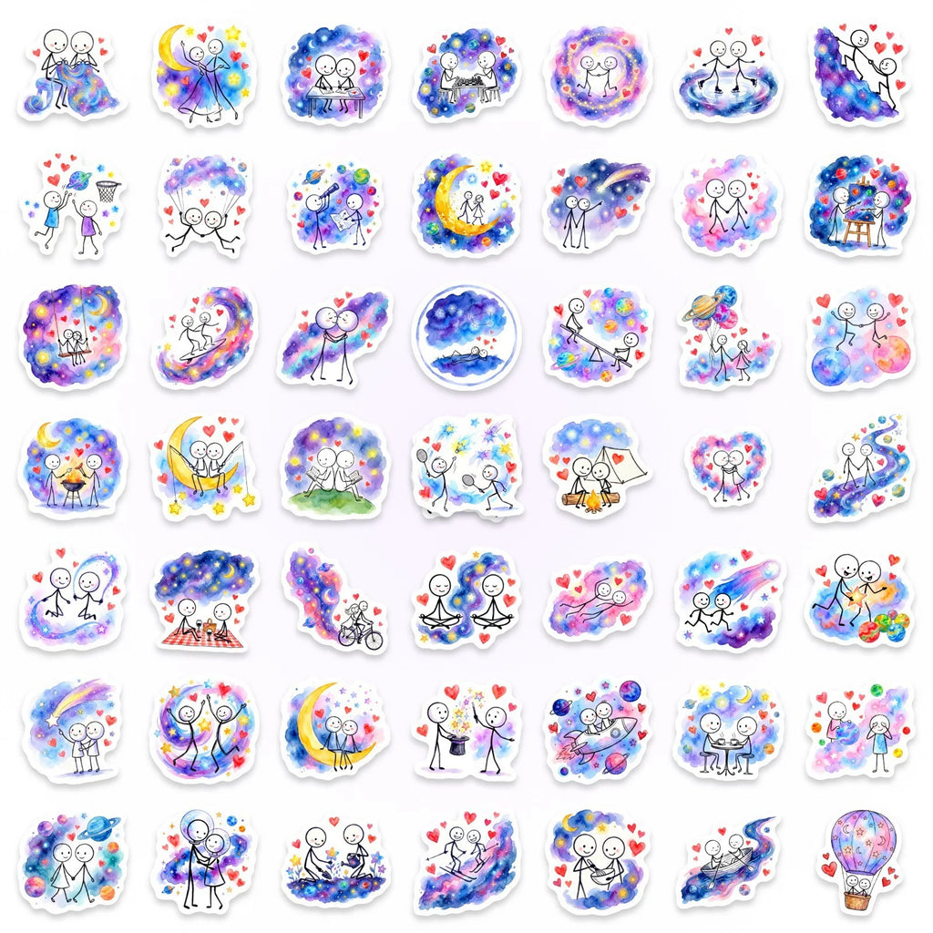 50/100 Pcs Galaxy Watercolor Stick Figure Couple Stickers Dreamy Minimalist Waterproof for Atmosphere Phone Laptop Diary Decals