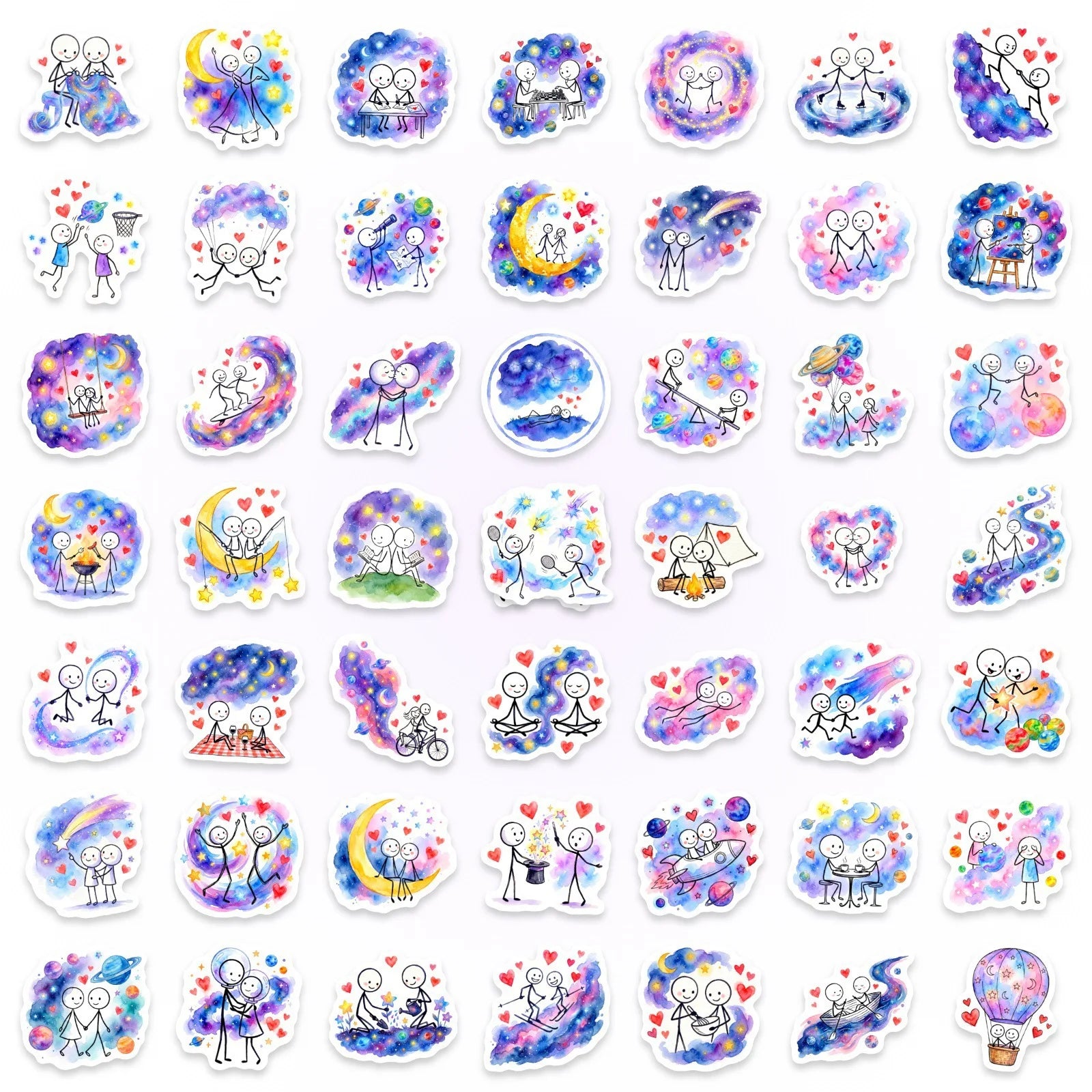 50/100 Pcs Galaxy Watercolor Stick Figure Couple Stickers Dreamy Minimalist Waterproof for Atmosphere Phone Laptop Diary Decals