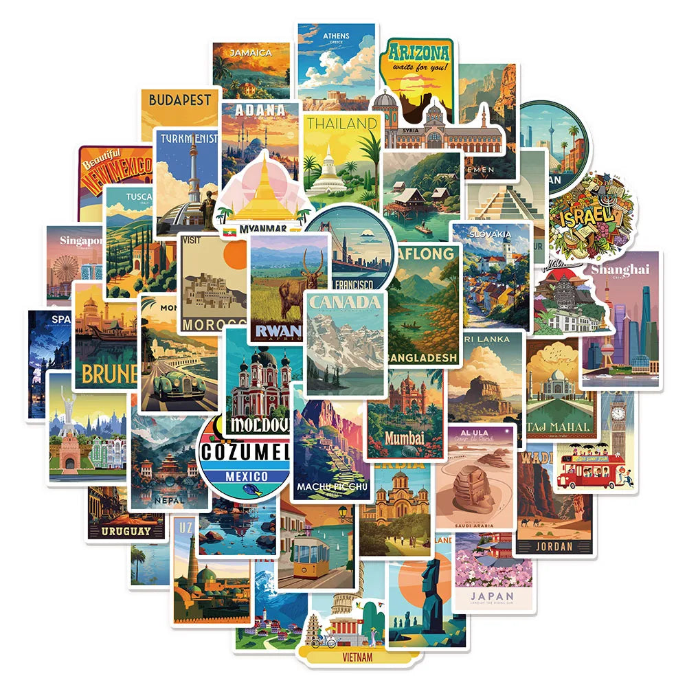 50/100PCS National Landmark Fun Stickers Manual Tags Luggage Guitar Laptop Decoration Waterproof Stickers