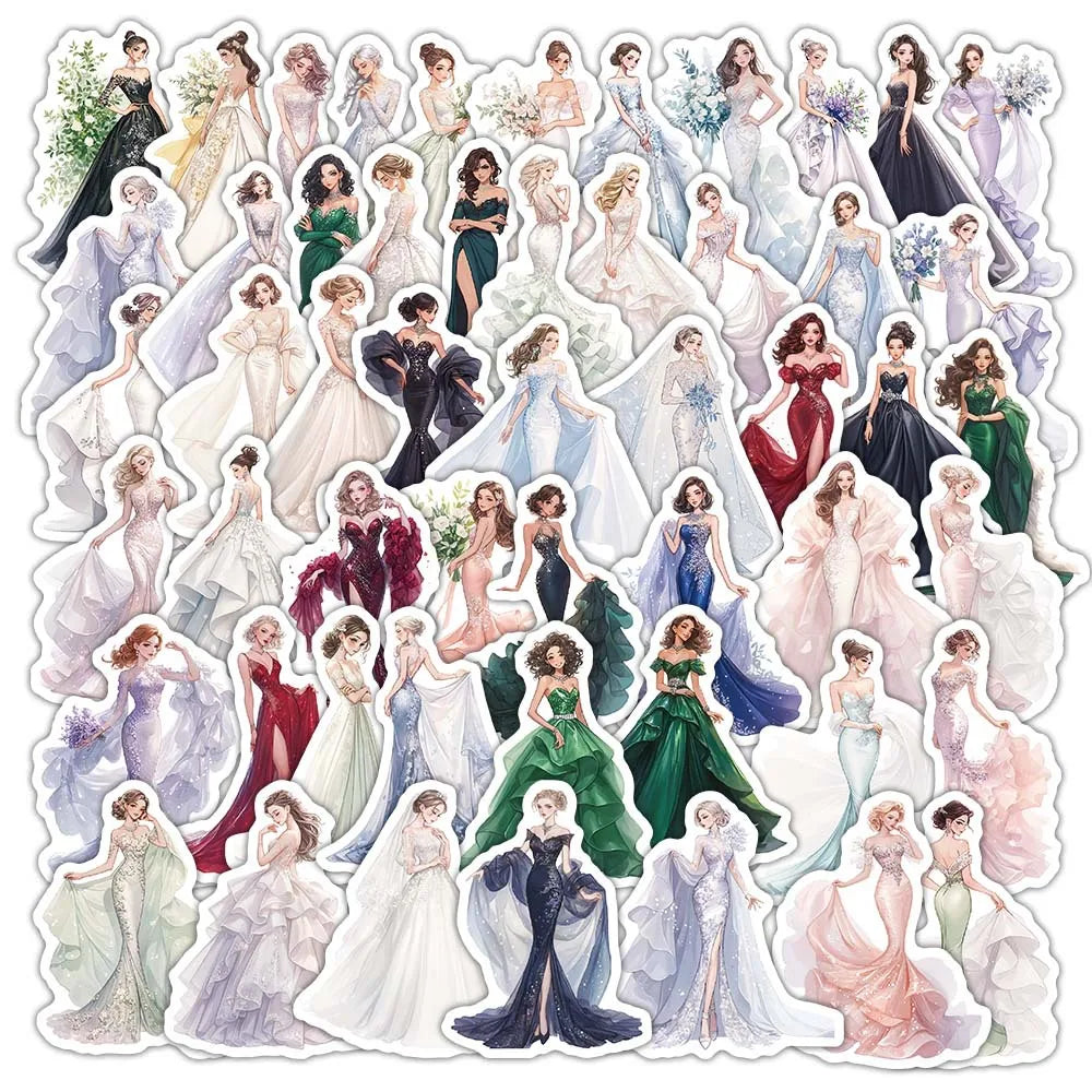 50/100 Pcs Cute Bride in Wedding Dress Stickers for Cup Wardrobe Fridge Stationery Box Guitar Piano Lunch Box Reward Decals