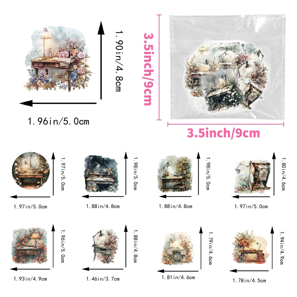50PCS Classical Desk Lamp Desk/Cartoon Plants Laser PET Stickers Student DIY Stationery Notebook Stickers