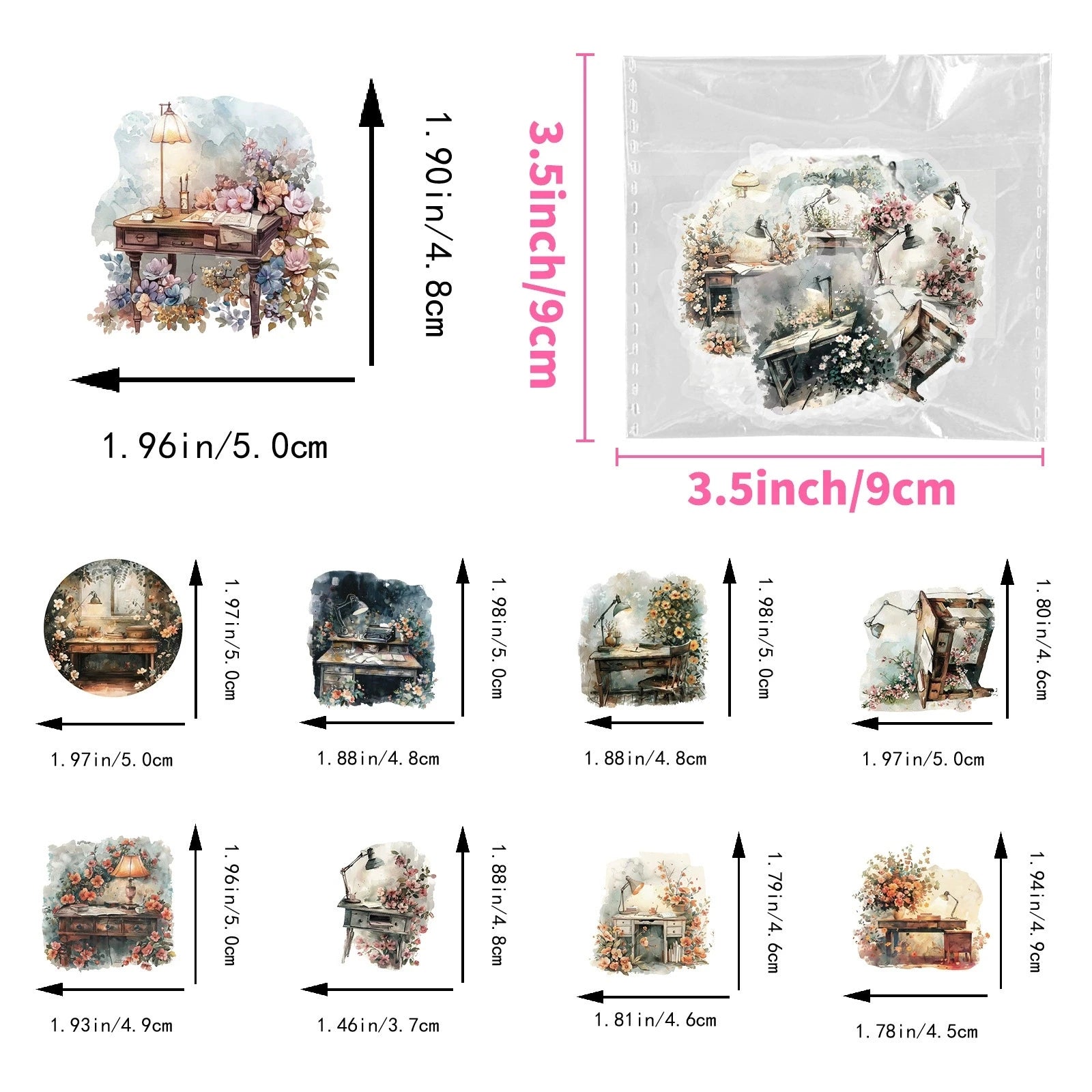 50PCS Classical Desk Lamp Desk/Cartoon Plants Laser PET Stickers Student DIY Stationery Notebook Stickers