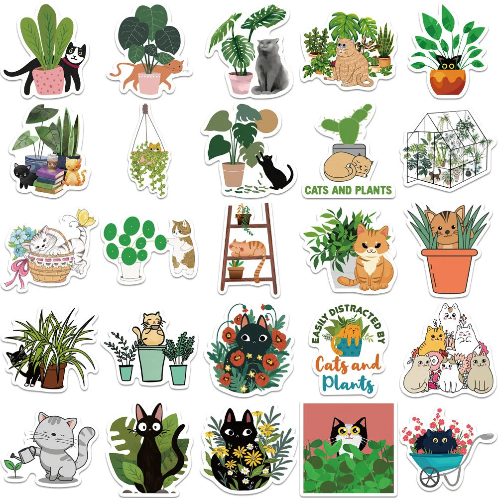 50PCS Cartoon Cat Plant Personalized Graffiti Creative Sticker Desk Refrigerator Mobile Phone Skateboard Decoration