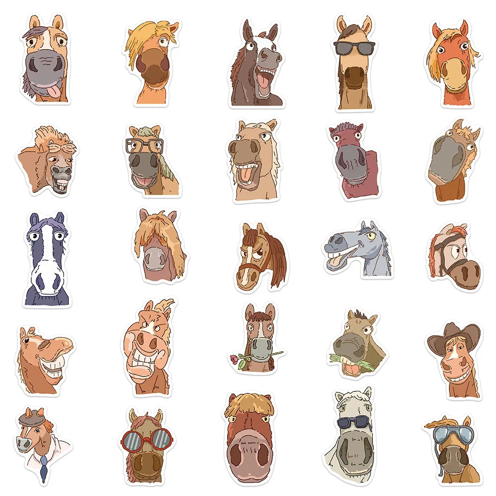 50-Pack Cartoon Horse Fun Emotion Doodle Stickers for Student Stationery Guitar Notebook Luggage DIY Waterproof Decals
