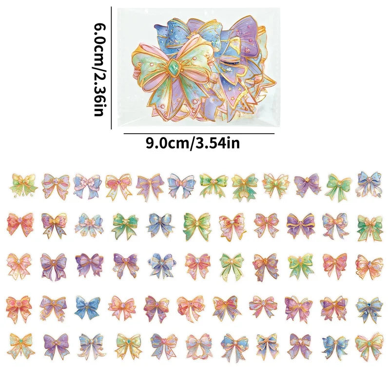 56PCS Kawaii Dreamy Bow PET Sticky Sticker Aesthetic Tear Open DIY Decoration Scrapbooking Sketchbook Supplies for Kids