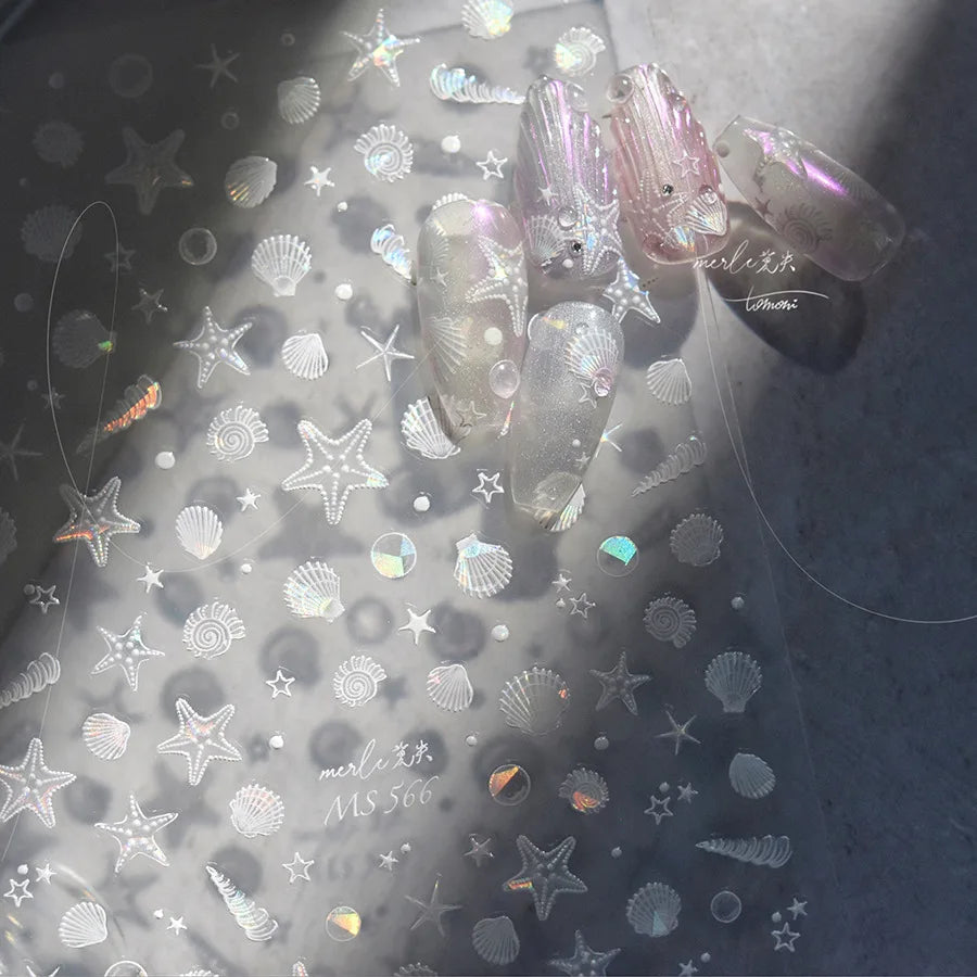 Shell Light Nail Stickers Ice Transparent Summer Beach Ocean Shell Starfish Stars Bubble Nail 3D Decorations Nail Art Stickers