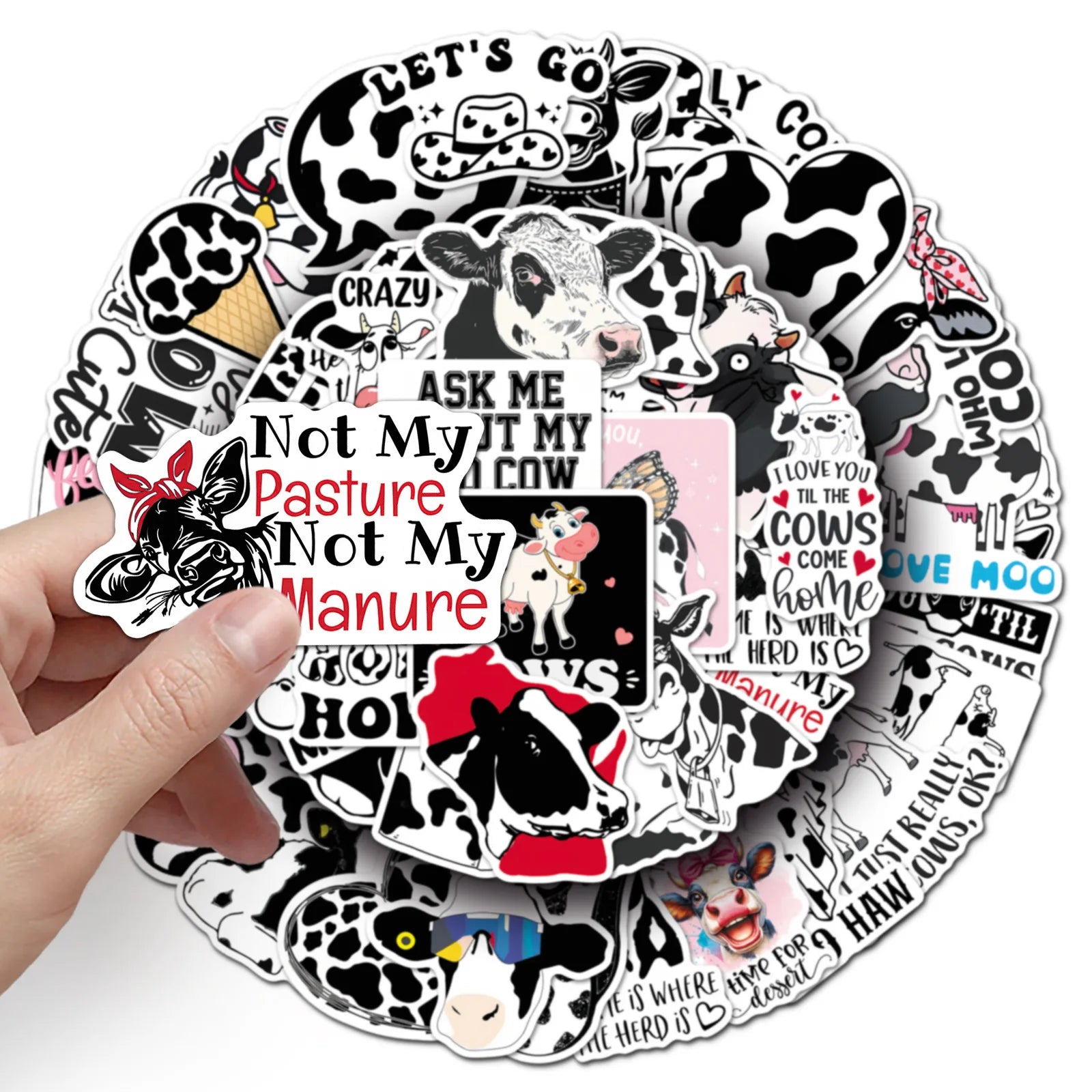 50-Pack Fun Black & White Polka Dot Cow Stickers Waterproof Decorative Stickers for Guitars Luggage Helmets Stationery Notebooks