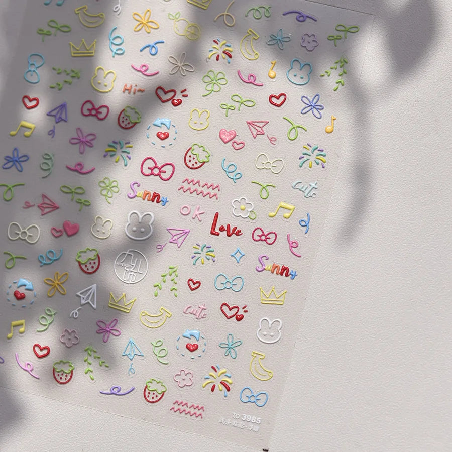 Cute Graffiti Lines Nail Art Stickers 5D Embossed Butterfly Rabbit Nail Art Accessory Stickers DIY Japanese Self Adhesive Decals