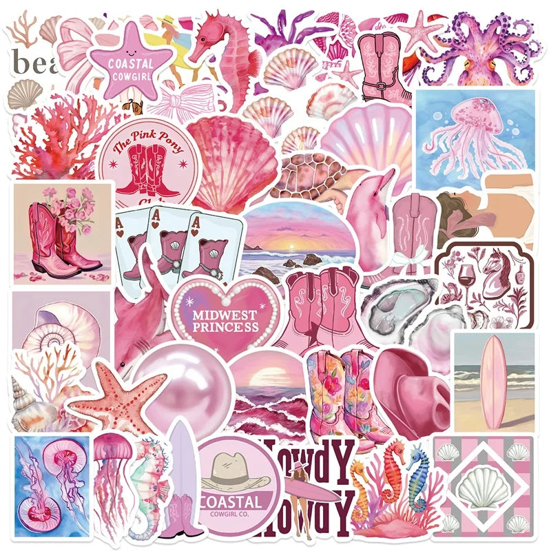 10/30/50PCS Kawaii Pink Beach PVC Sticky Sticker Aesthetic DIY Decoration Scrapbooking School Stationery Supplies for Kids