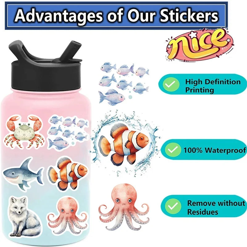 10/30/50PCS Fresh Sea Animal PVC Sticky Sticker Aesthetic DIY Korean Stationery Decoration Scrapbooking School Supplies for Kids