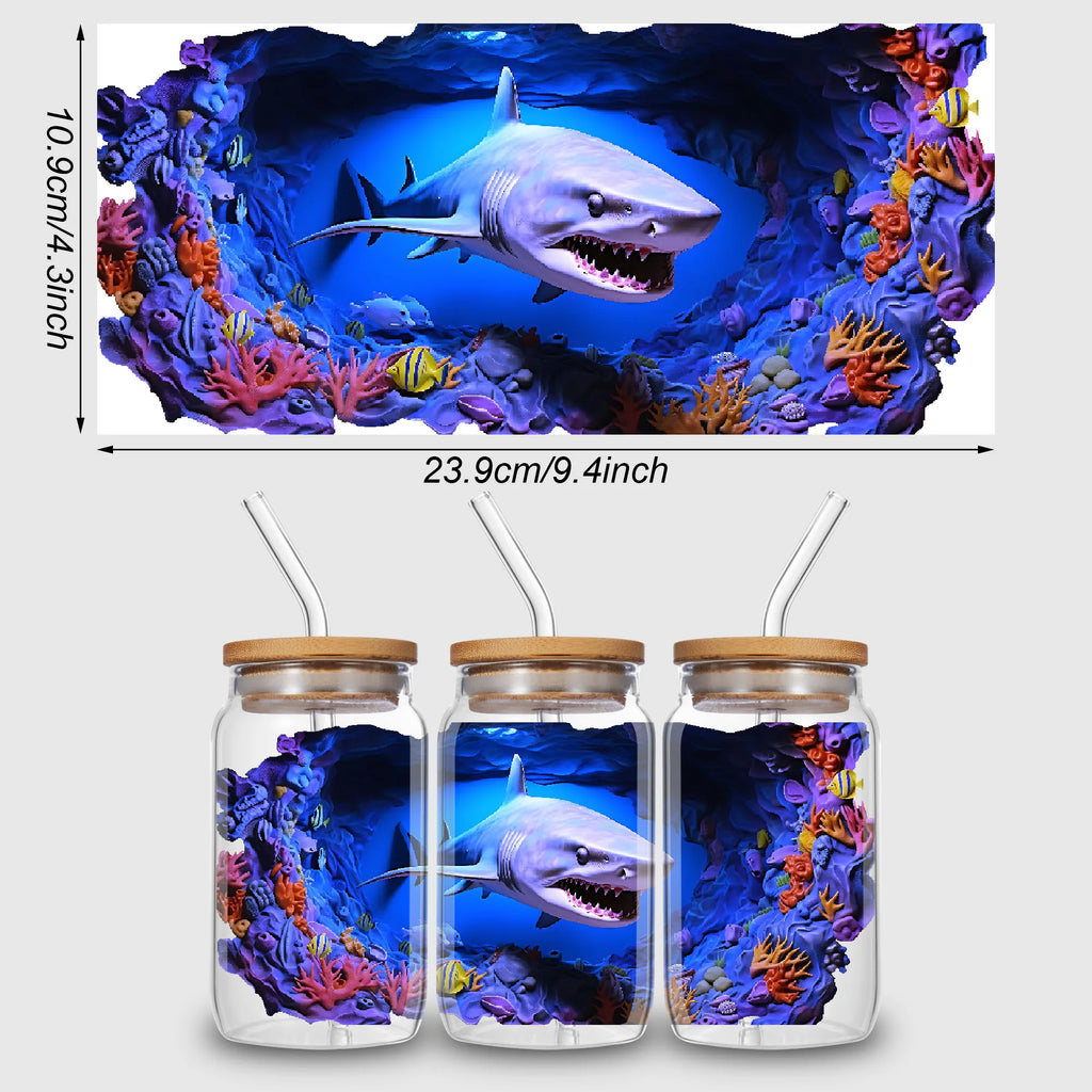 5 Sheets Shark UV DTF Cup Stickers, Glass Cup DTF Transfer Stickers, Waterproof Cartoon Wipeable Transfer Paper