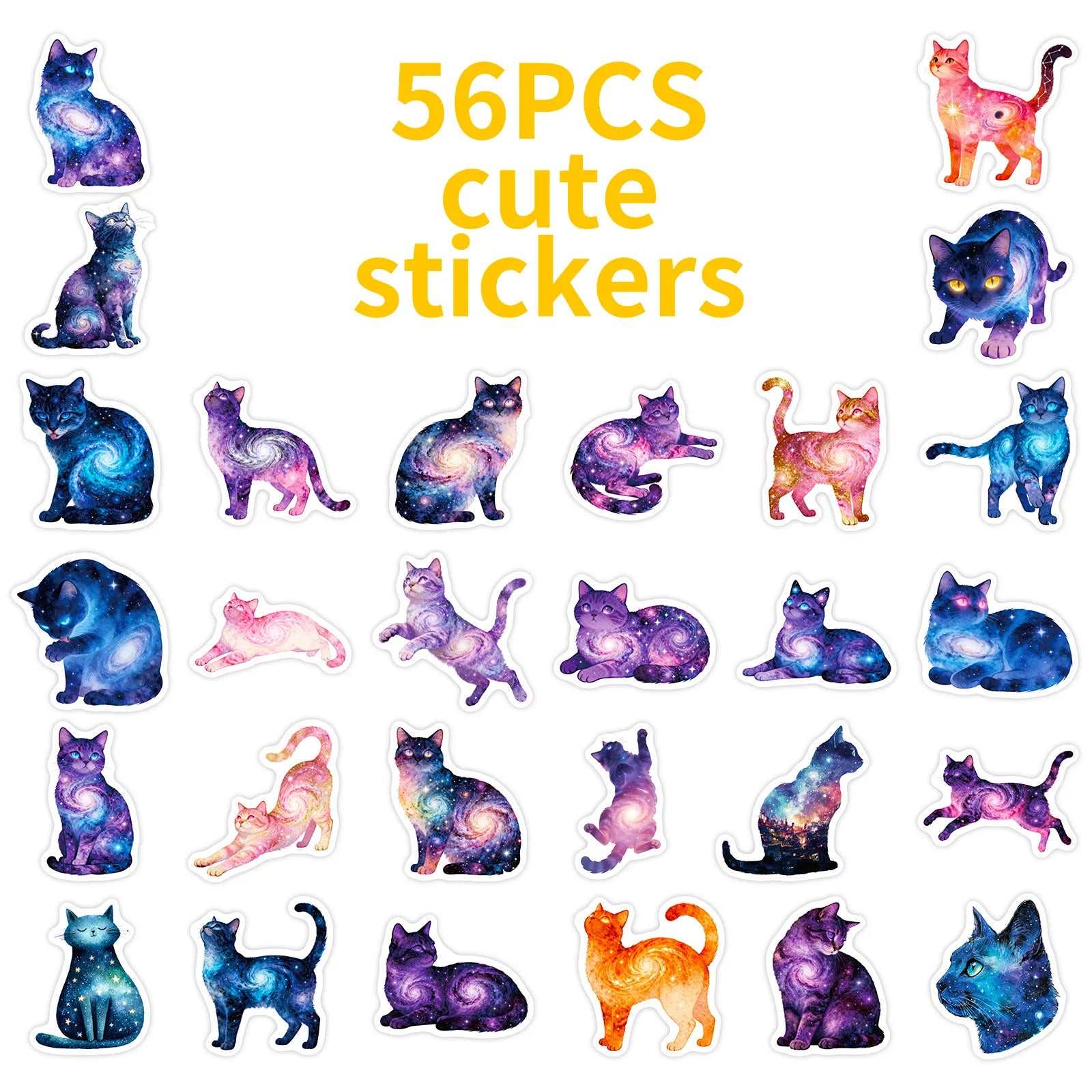 56Pcs Galaxy Cat Doodle Stickers Cute Stationery Notebook Fridge Luggage Waterproof Decals Funny DIY Decor Srickers