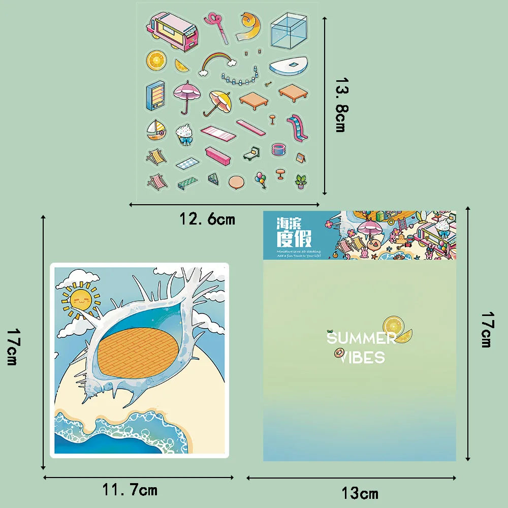 3PCS Seaside Vacation Landscaping Sticker Nostalgia Coffee Laptop Miniature Landscape Stickers Decompression Puzzle Painting