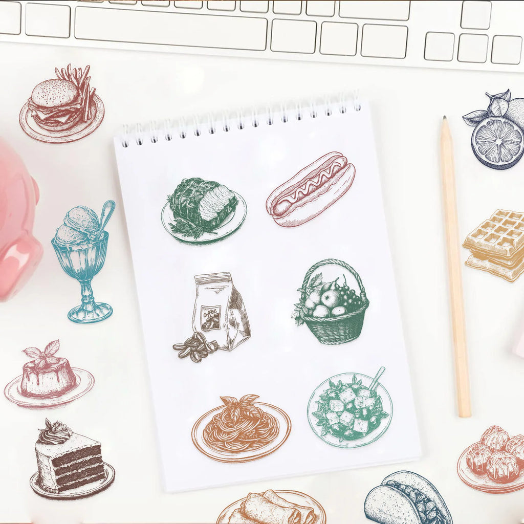 50/100Pcs Waterproof Transparent PET Cartoon Line Food Stickers for Journaling Guitar Notes Stationery Luggage Decoration
