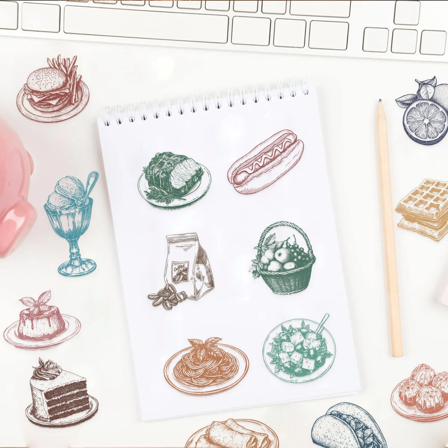 50/100Pcs Waterproof Transparent PET Cartoon Line Food Stickers for Journaling Guitar Notes Stationery Luggage Decoration