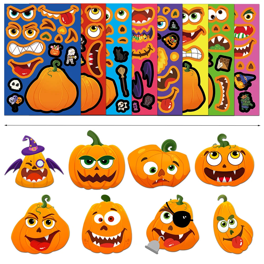 8PCS Halloween Fun and Funny Pumpkin Head Creative Collage DIY Manual for Phone Cases, Tablets, Water Cups, Decorative Stickers