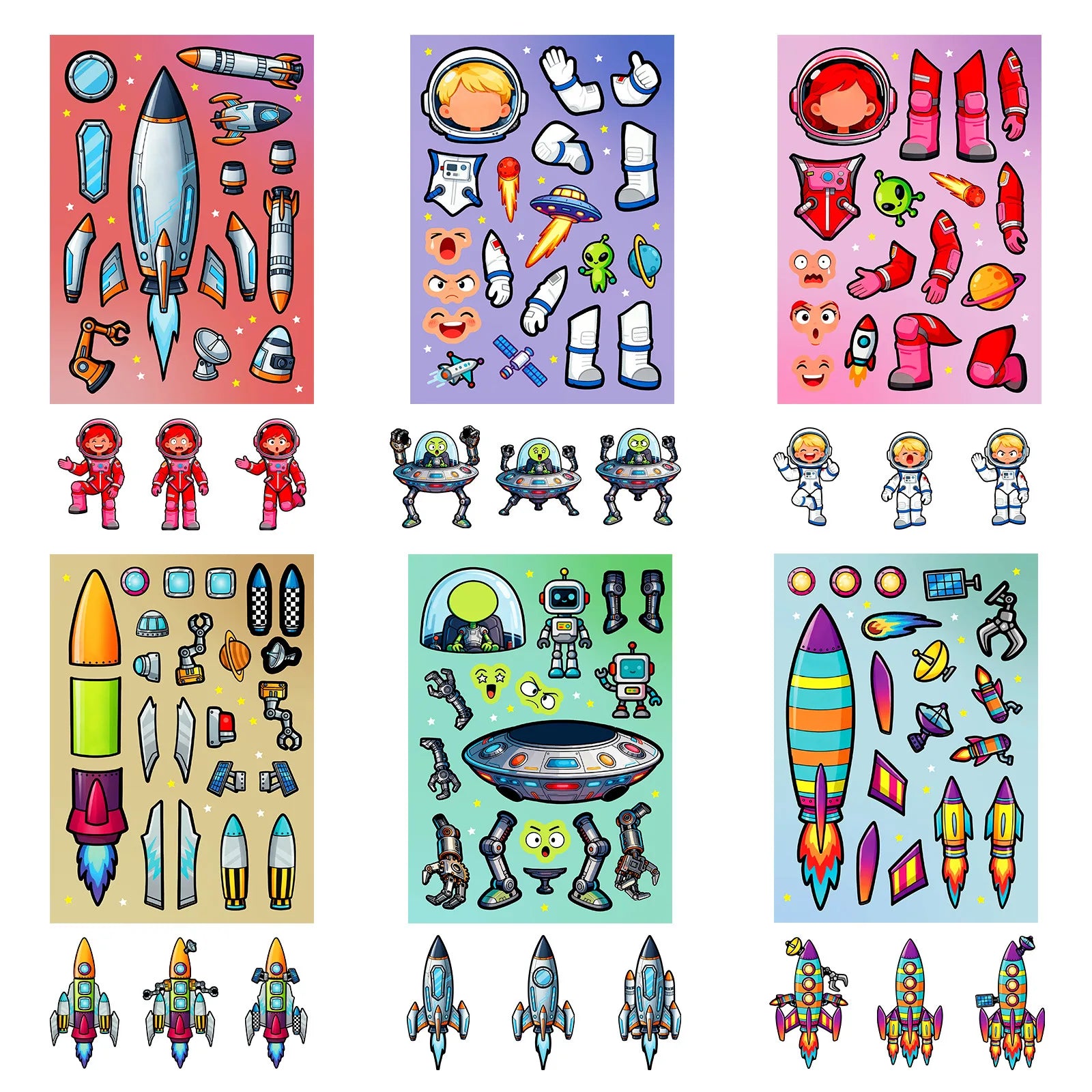 6/12/18Pcs Colorful Space Adventure Puzzle Stickers, Rocket Astronaut Decals for Stationery Notebook Fridge Desk Decor