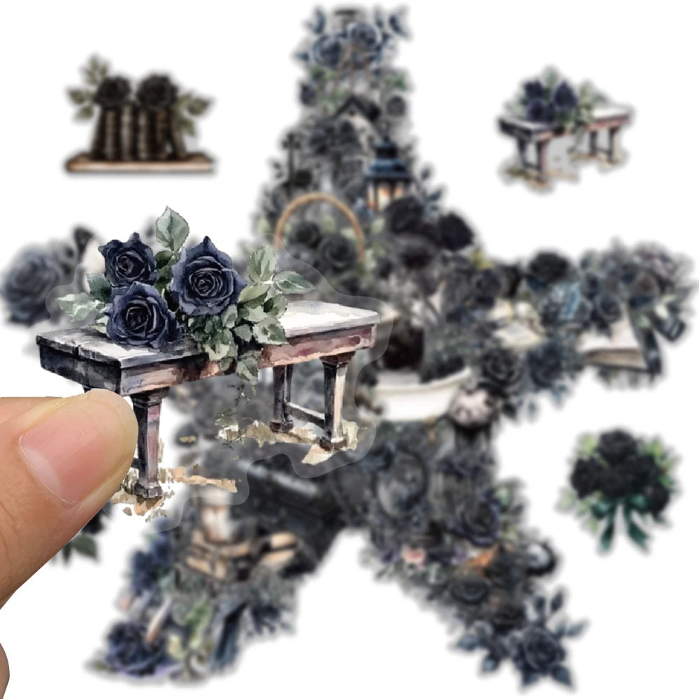 50PCS Transparent Cartoon Dark Rose Sticker Suitcase Laptop Material PET Bookkeeping Pack Creative Guitar Scrapbook Stickers