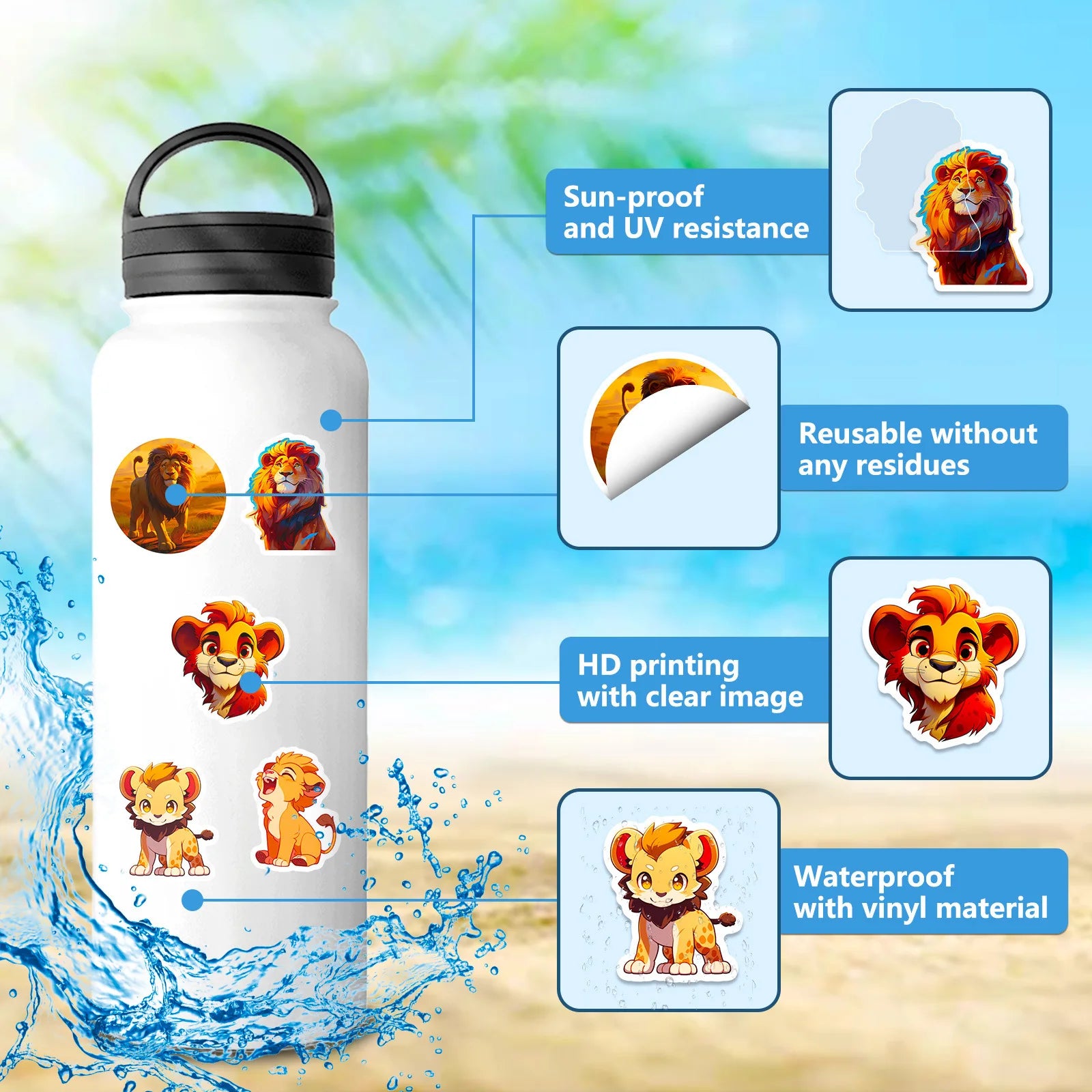 50/100PCS Lion Stickers Cute Cartoon Animal Waterproof Stationery Notebook Reward Stickers