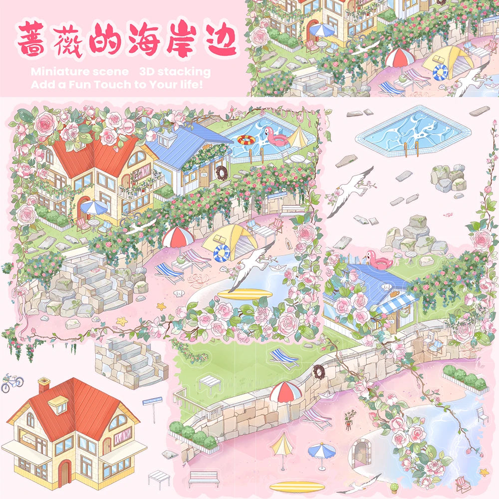 3PCS The Coast of Rose Landscaping Miniature Scene Sticker Aesthetic Casual Skateboard Art Picture Cafe Decoration Stickers