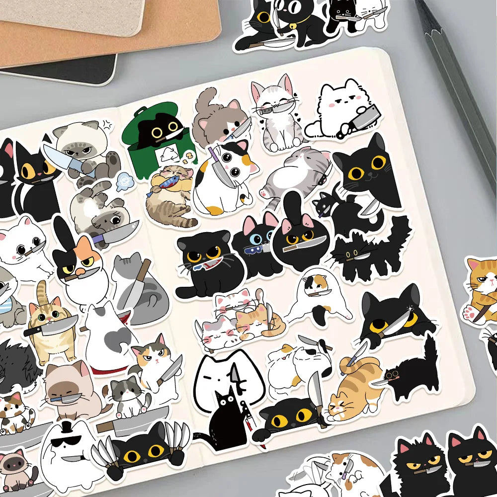 50/100PCS Cat with Knife Graffiti Stickers Cross border Cute Animals Cat DIY Phone Case Luggage Waterproof Stickers