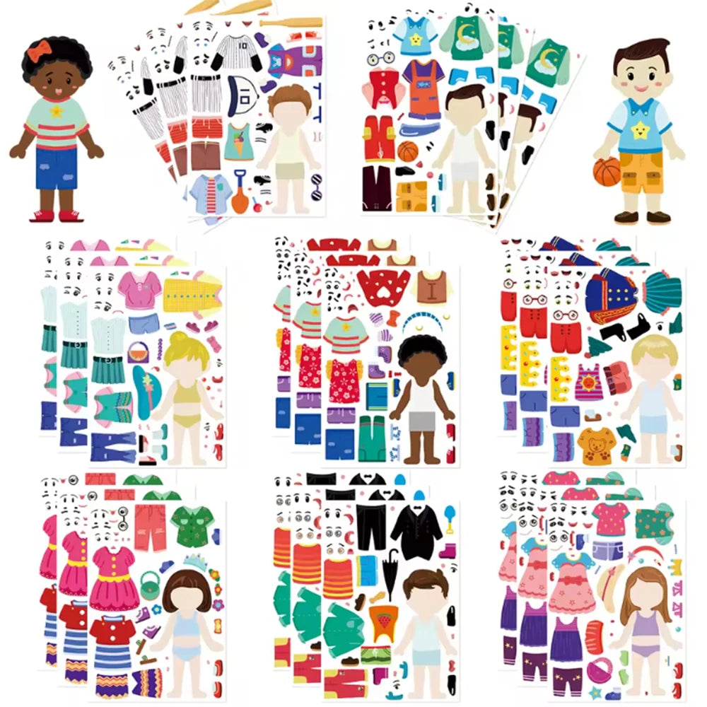 8PCS Children's Dress up Puzzle Stickers Cute Cartoon Creative Fun Puzzle Account Materials Tablet Waterproof Stickers