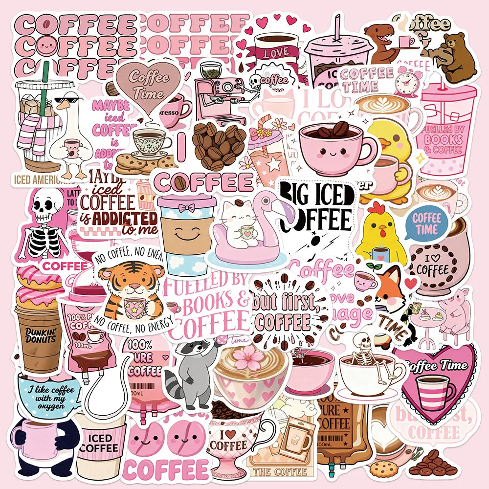 50/100PCS Cartoon Funny Coffee Sticker Small Fresh Cartoon Graffiti Cute Decorative Notebook Stationery Waterproof Sticker