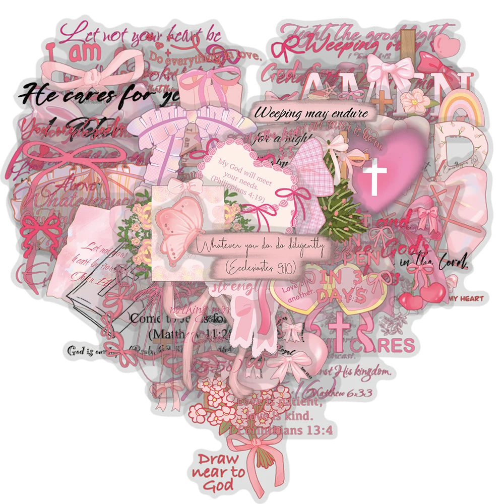 50PCS Pink Bow Bible Stickers Aesthetic Stationary Harajuku Bicycle Laptop Luggage Phone DIY Art Picture Suitcase Sticker