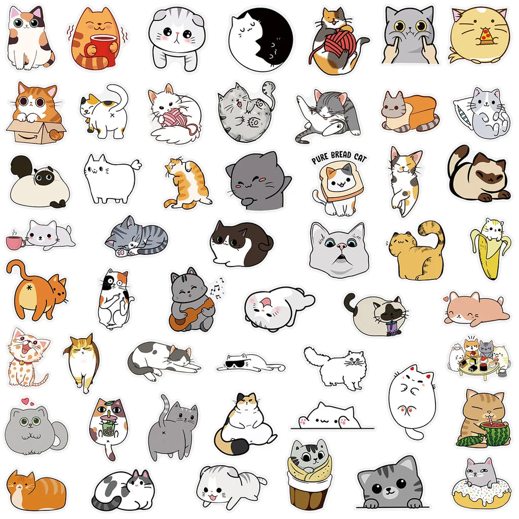 50Pcs Transparent PET Cute Cat Graffiti Stickers Luggage Notebook, Waterproof Children Reward Stationery Decoration Stickers