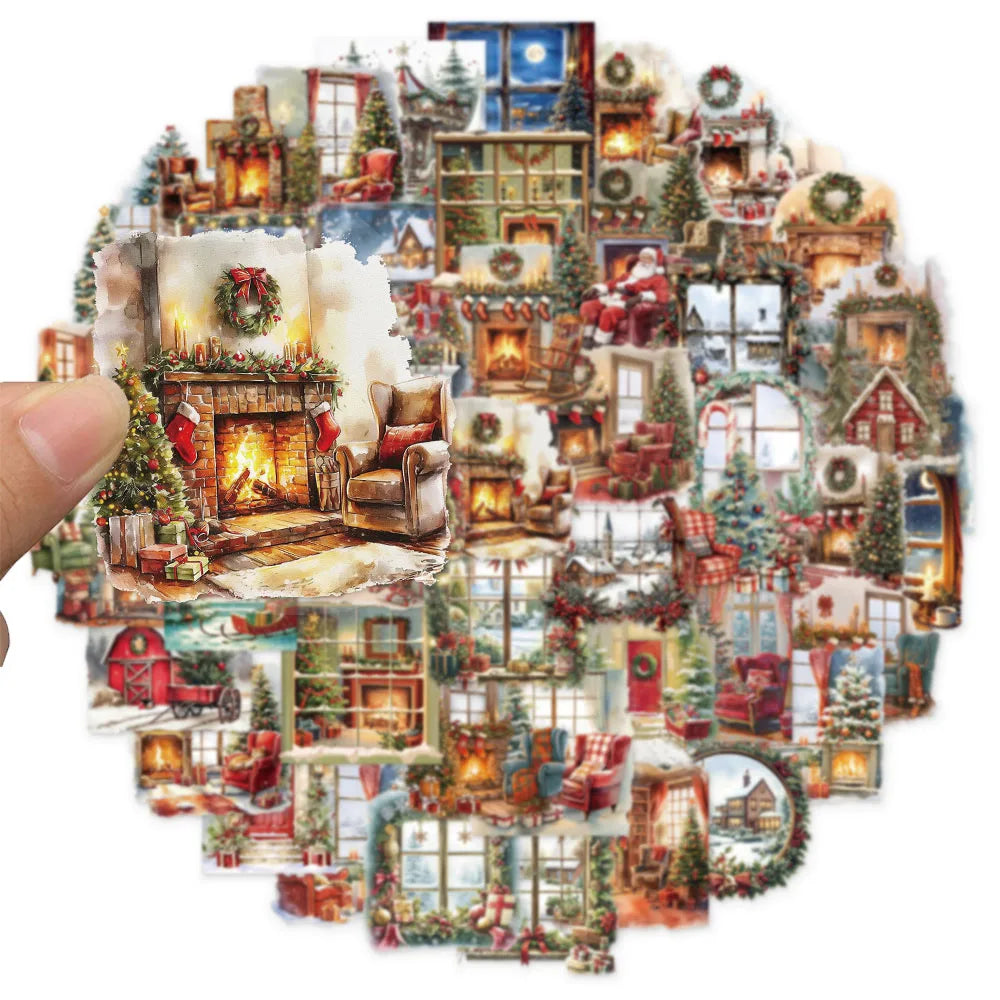 50PCS Christmas Watercolor Scene Fireplace Stickers Set Fun Stickers DIY Brochure Decorative Notebook Tablet Toy Stickers