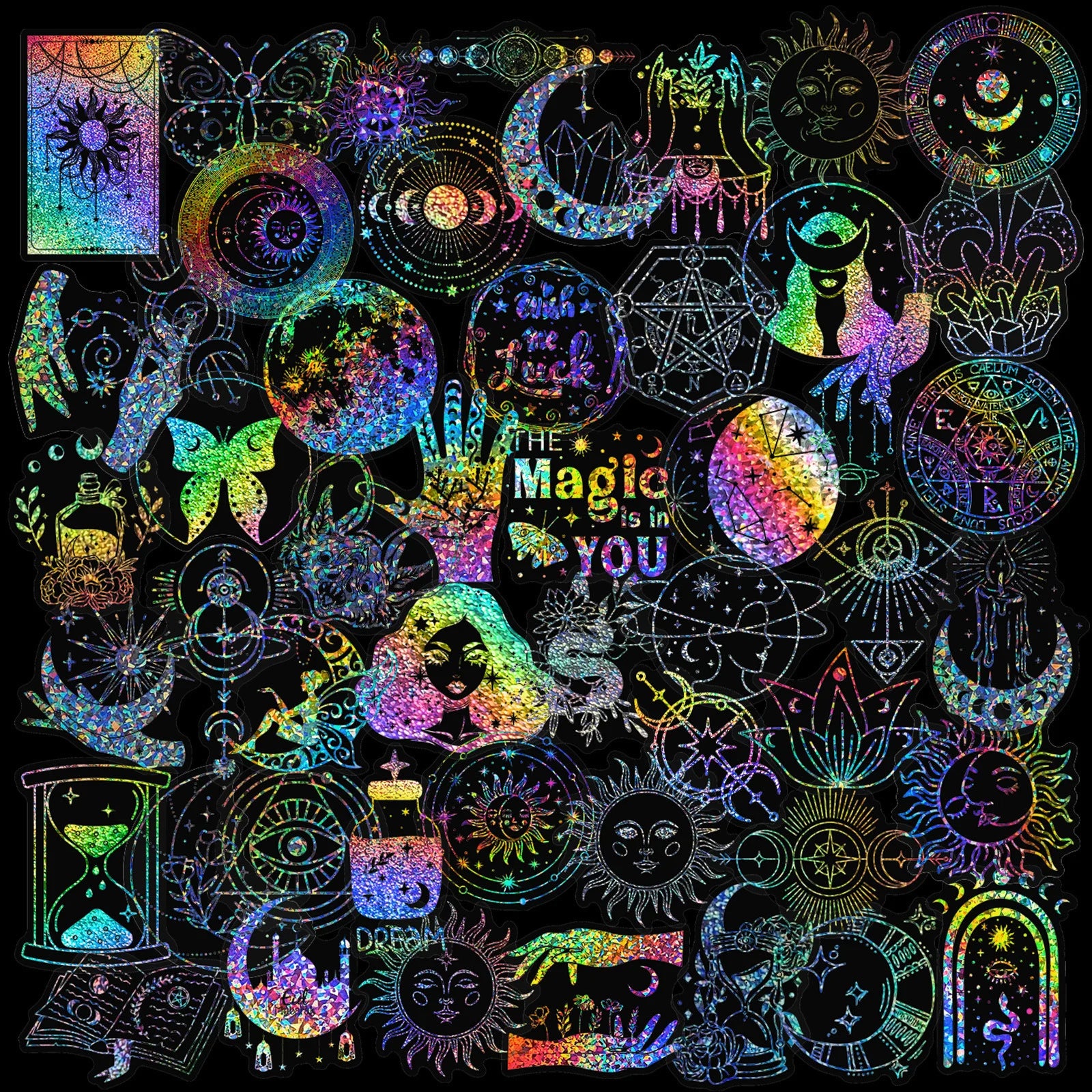 100 PCS Colorful Laser Magic PET Stickers Aesthetic for DIY Guitar Scrapbooking Suitcase Water Bottle Phone Laptop Skateboard