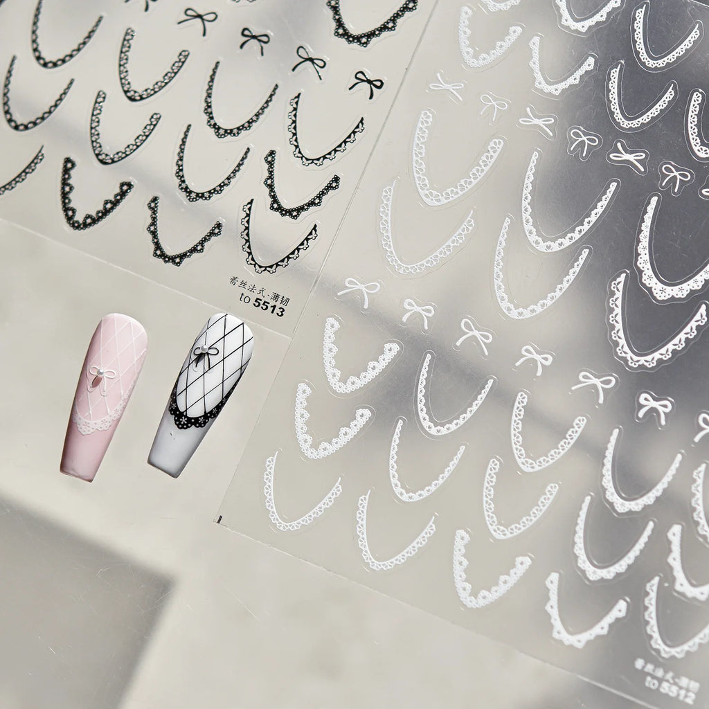 Lace French Nail Art Stickers 3D Thin and Tough Ballet-style Nail Decorations Stickers Colors French Bow Love Adhesive Decals