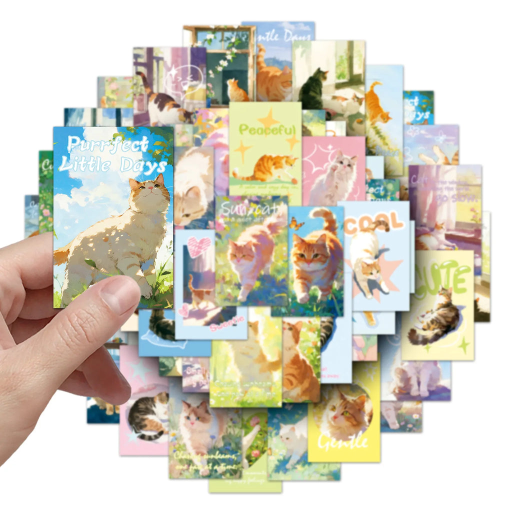 50PCS Healing Cat Aesthetic Stickers, INS Cute Student Stationery Journal Notebook Cup DIY Decorative Art Stickers