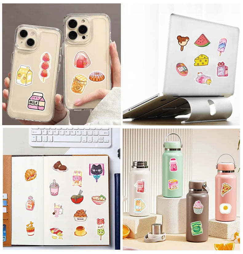 100-Piece Set Cute Snack Themed Scrapbooking Stickers for Tablet Laptop Student Stationery Diary Notebook Decoration