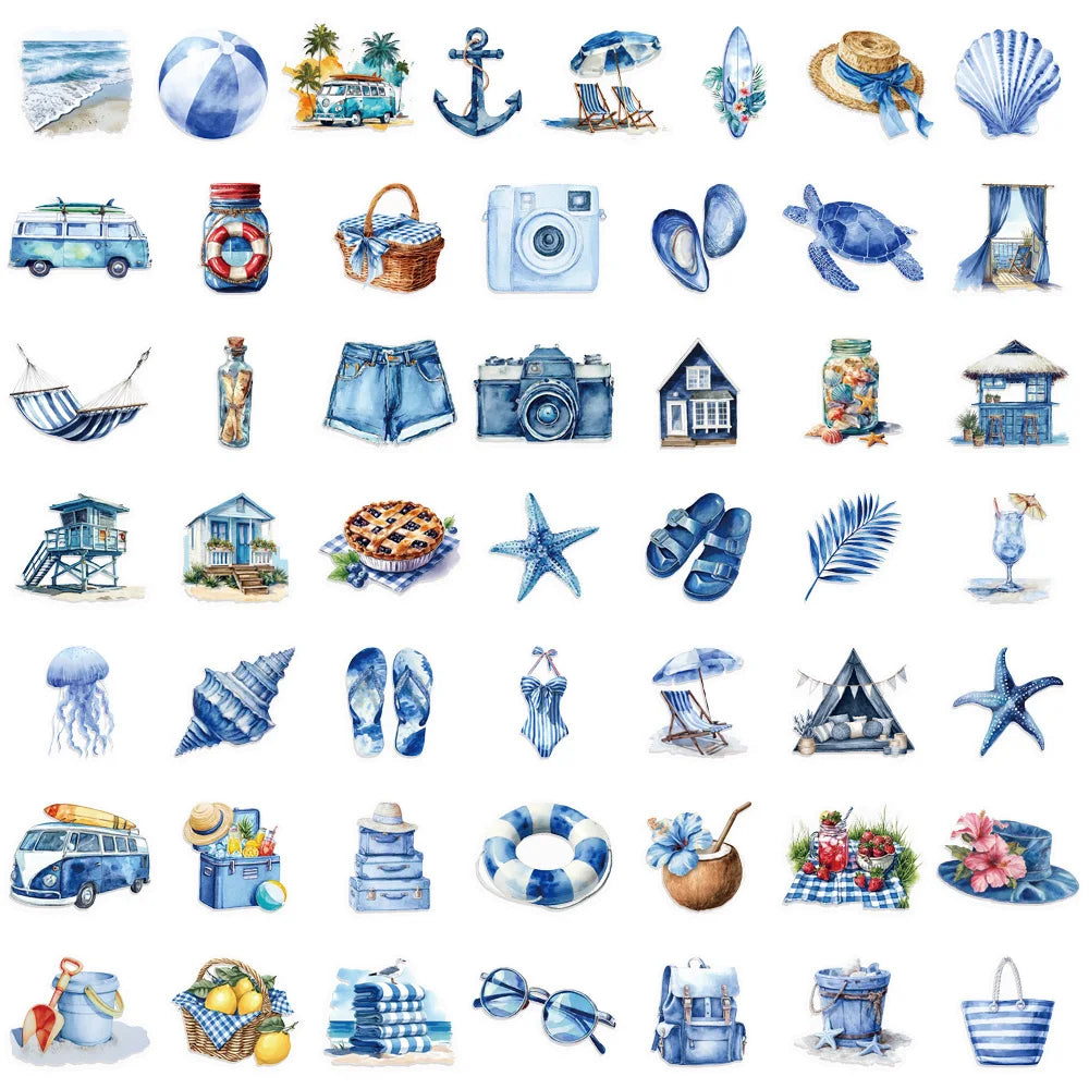 50PCS Summer Beach Blue Cartoon Decorative Stickers DIY Graffiti Skateboard Phone Case Tablet Decorative Toy Stickers