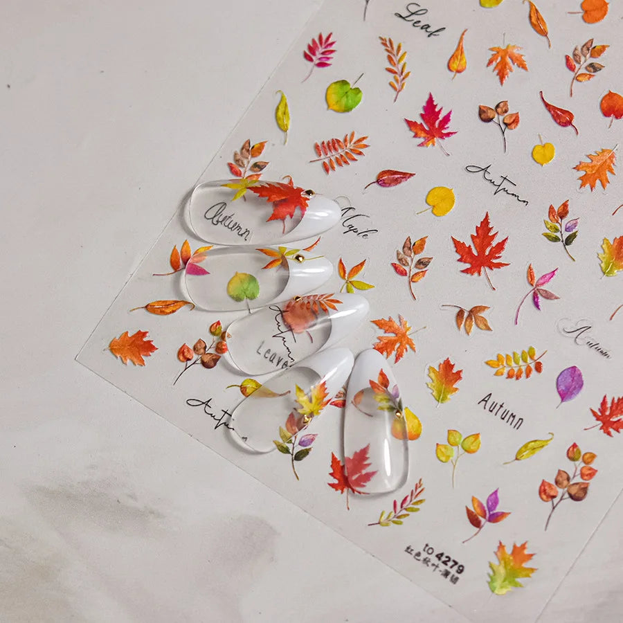 Autumn Fall Nail Art Maple Leaf Stickers 3D Red Leaves Stickers For Nails Art DIY Self Adhesive Manicure Decoration Decals DIY