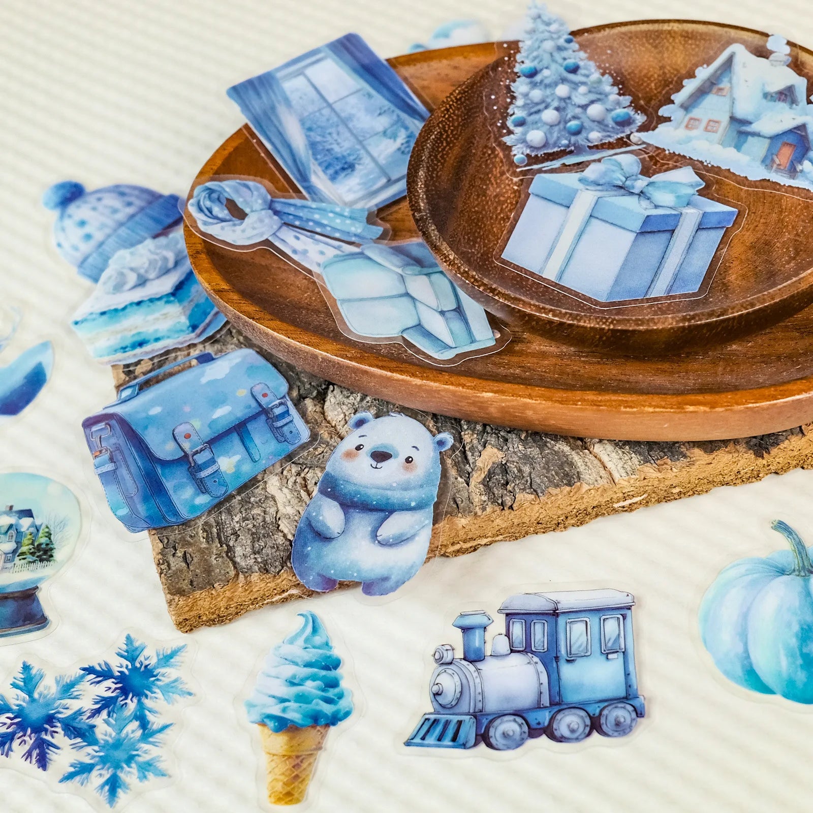56PCS Blue Winter Miracle Transparent PET Stickers Snowman Gloves Crystal Balls Mixed Coating Stationery Crow Sticker