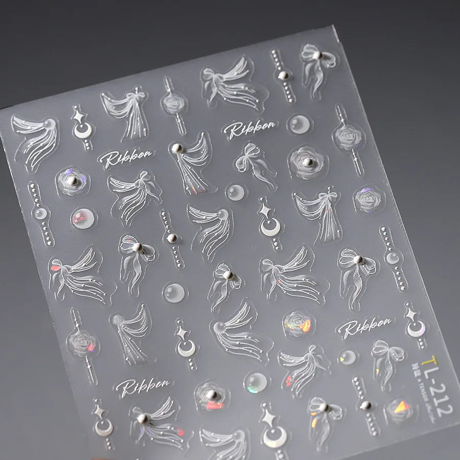 Classic White Flowers Nail Charms Stickers 5D Embossed Pearls Flowers Ribbon Design Nail Art Stickers DIY 3D Manicure Decoration
