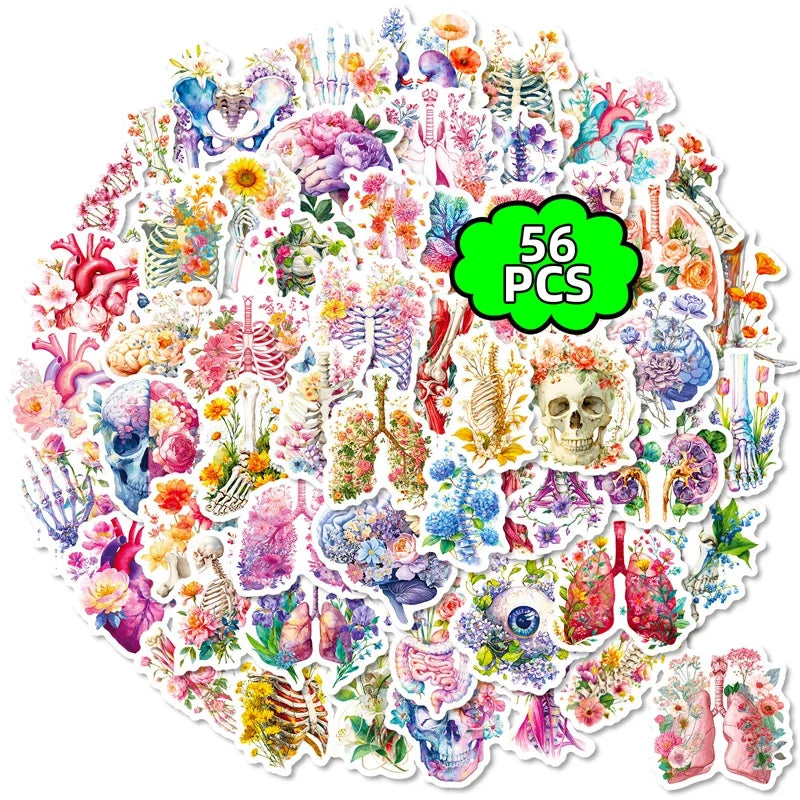 10/30/56PCS Cute Flower Skull Organs PVC Sticky Stickers Aesthetic Colored DIY Phone Laptop Luggage Skateboard Graffiti Decals