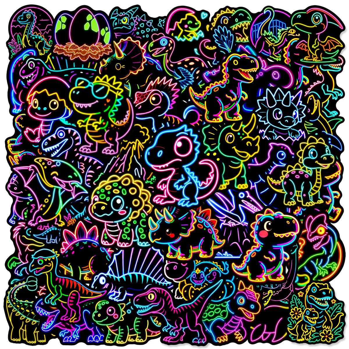 50-Pack Q-Style Neon Dinosaur Graffiti Stickers Waterproof Decorative Decals for Phone Tablet Notebook Student Stationery