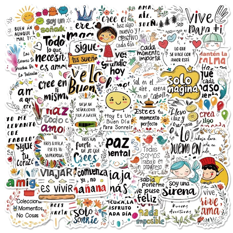 10/30/50PCS Kawaii Colorful Spanish Sticky PVC Sticker Aesthetic Stationery DIY Decoration Scrapbooking School Supplies for Kids