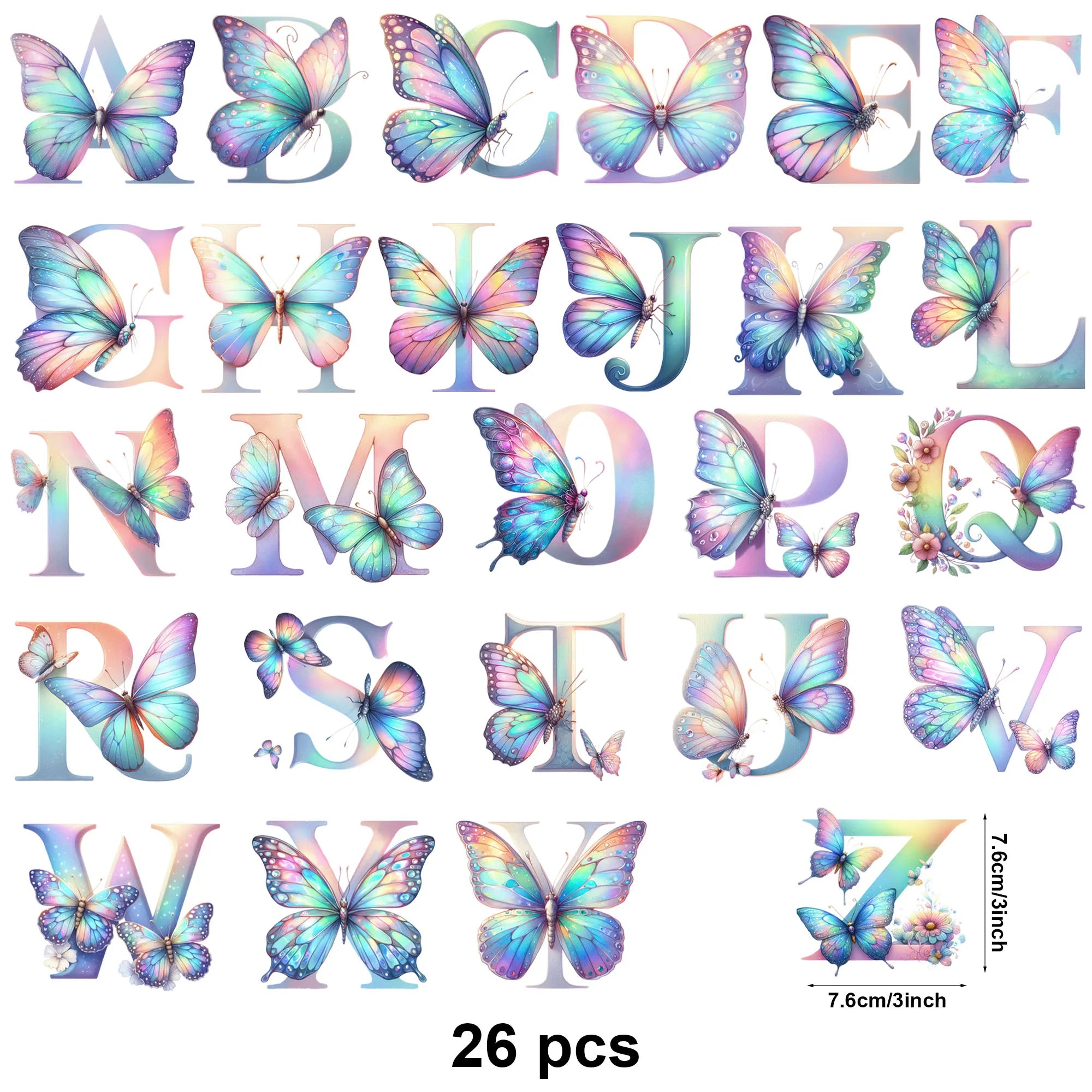 26 sheets Alphabet Flowers A - Z Design UV DTF Transfer Sticker Decals for Office and Home 16oz Alphabet Waterproof Stickers