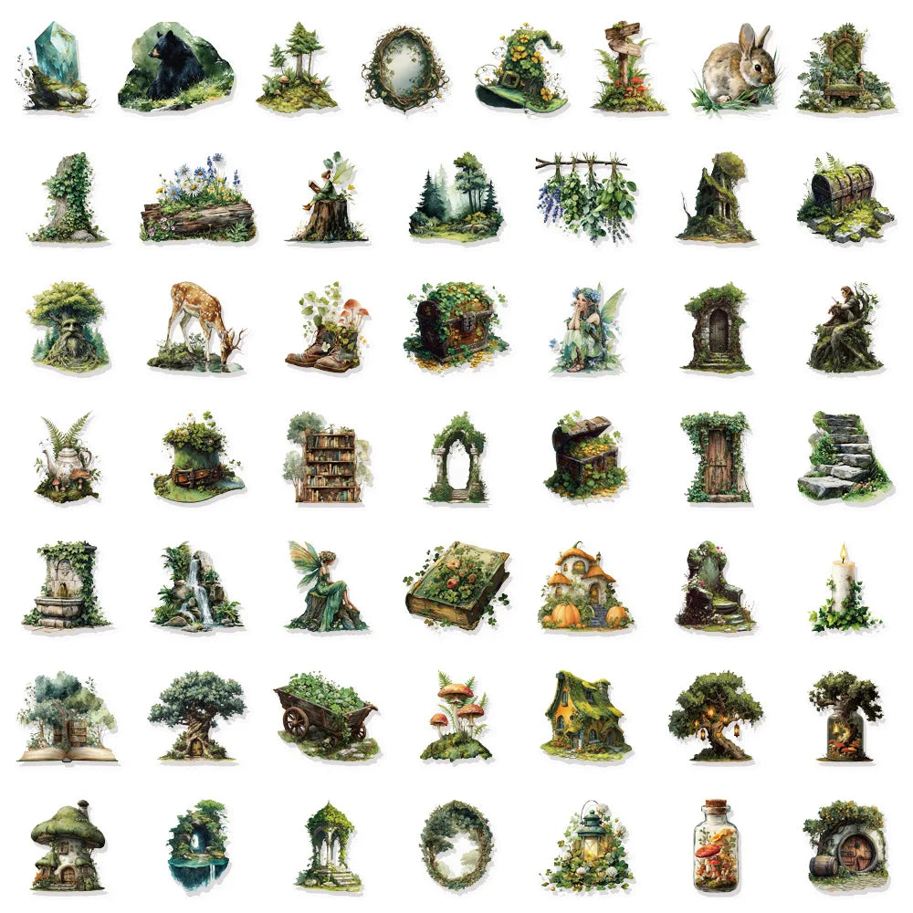 50PCS Transparent Forest Theme Green Series Decorative Graffiti Stickers DIY Phone Case Laptop Tablet Toy Stickers
