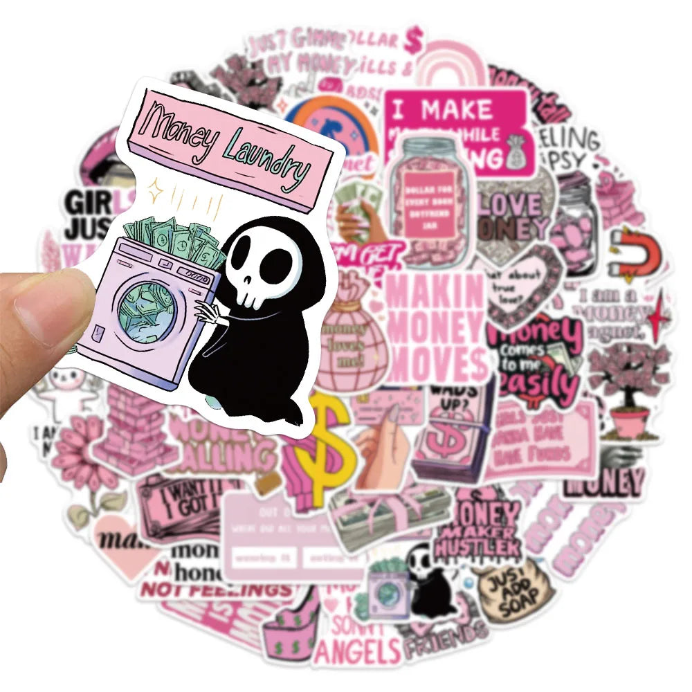 50PCS Money Pink Fun Stickers DIY Manual Speaker Decorative Bag Notebook Water Cup Label Stickers