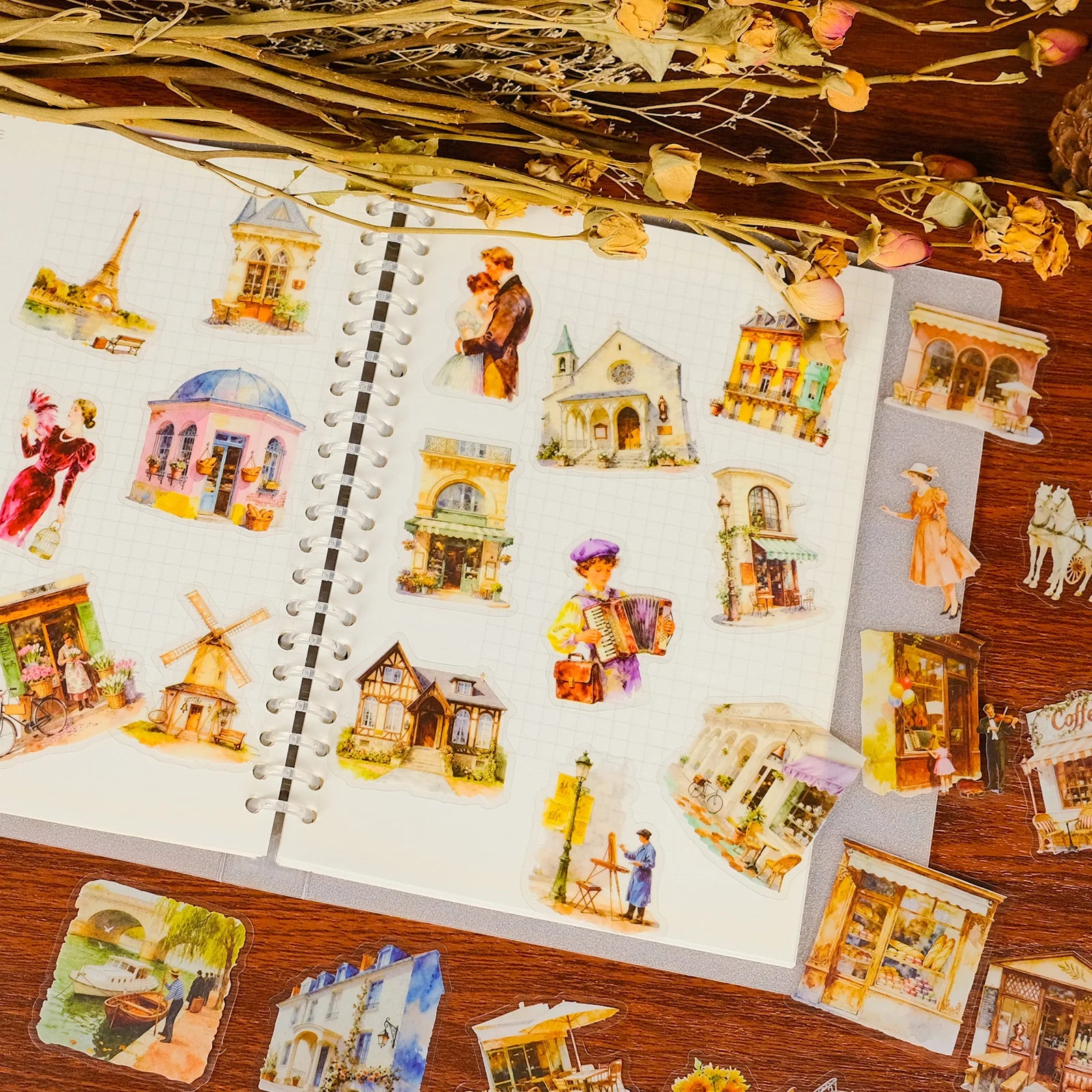 56PCS European Architecture Figure Vintage Street View Stickers, PET Transparent Watercolor Student Stationery Decor Sticker