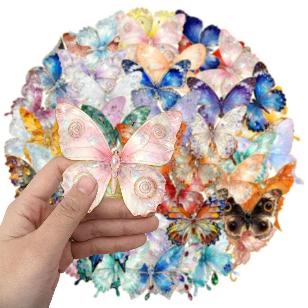 50PCS Gem Butterfly Cartoon Beautiful DIY Sticker Sketchbook Handmade Mobile Luggage Skateboard Waterproof Stickers